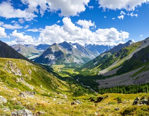 Expansive mountain valley scene under a vibrant sky