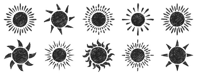 Hand drawn crayon grainy sun set. Abstract grunge texture shapes. Vector  EPS 10