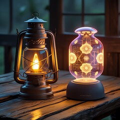 Vintage Lantern Meets Modern Acrylic Lamp Glowing on Wooden Table