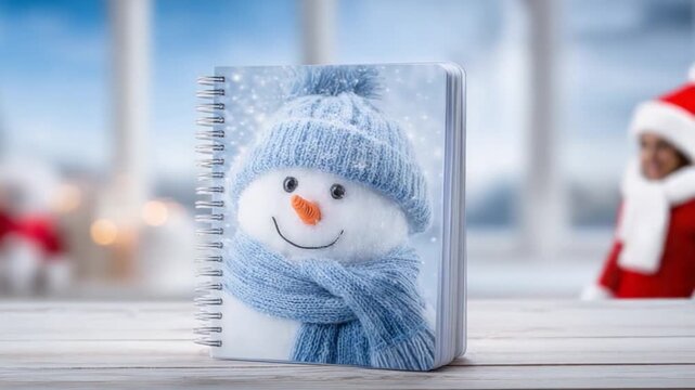 Cozy Winter Notebook: A festive notebook featuring a cheerful snowman design sits on a wooden surface with festive items in the background, exuding warmth and seasonal cheer.