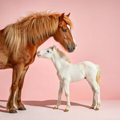 Fototapeta premium Photo of horses. A mare with a curly chestnut mane and a white foal with a bright orange mane, warm tones, pink pastel background, noticeable brush texture. Symbol of the New Year, the fiery horse.