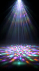 A vibrant light show bursts into action with beams of colorful light sweeping across the stage