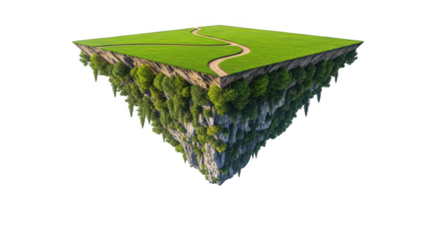 A surreal floating island in the sky with a winding path across a lush green field and a dense forest cascading down its sides against a black background