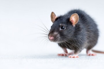 Black rat walking across a sterile white floor, showcasing its delicate features and curious nature in a clean, minimalistic environment with copy space