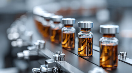 Pharmaceutical vials filled with amber liquid on a production line. Focus on medicine manufacture, vaccine development, and lab processing.