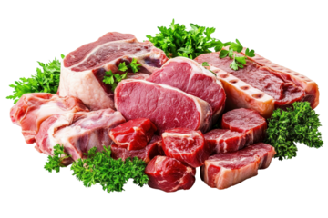 Variety of raw meats including beef and pork arranged with fresh parsley on a clean white background showcasing fresh ingredients for cooking