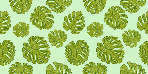 Hand drawn crayon grainy monstera leaves background. Seamless tropical pattern. Abstract grunge texture shapes. Vector  EPS 10