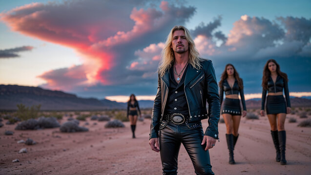 Male rock singer with long blond hair wears black leather jacket, studded belt and black leather pants. Standing in a desert landscape with female groupies generative AI
