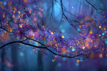 The enchanted celebration of nature: a closeup on botanical radiance. Advertising photo. A botanical celebration: vivid branches in a luminous bokeh setting. Minimal design. Strong contrast.