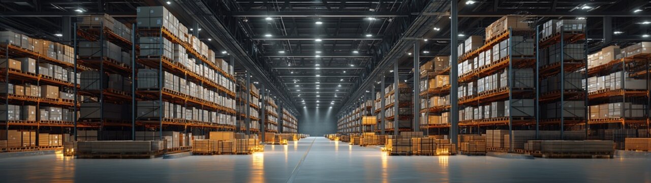 A warehouse filled with shelves of goods and pallets, bright lighting, and a large empty space in the center