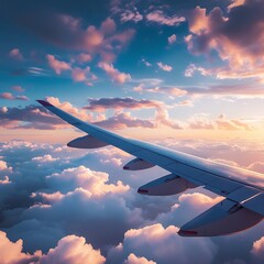 Airplane View Capturing the Magical Sunset Above Fluffy Pink Clouds