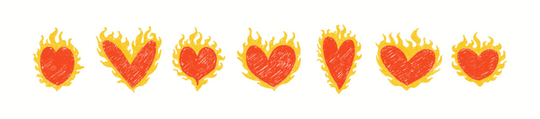 Hand drawn crayon grainy y2k heart in flame elements set. Abstract grunge texture shapes. Vector  EPS 10