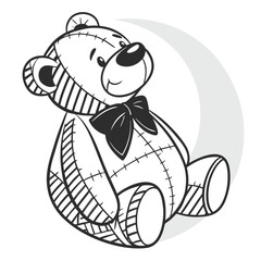 Stuffed bear with bow is sitting with stitches and stripes with transparent background