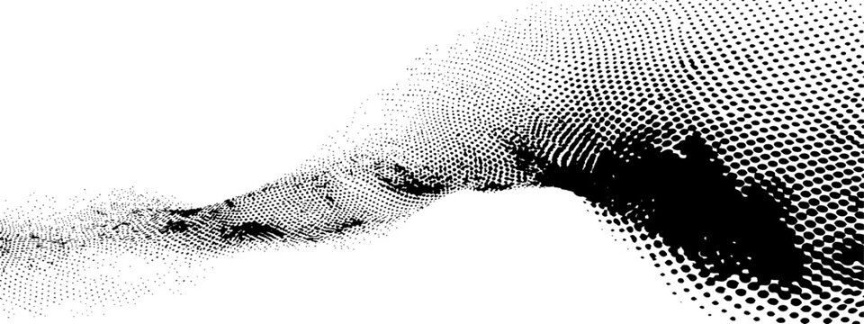 Abstract black and white halftone wave design. Gradated dots forming a flowing, dynamic wave pattern. Soft transitions from light gray to black. Simple, clean, and modern aesthetic