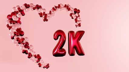 2k , 2000 followers, subscribers, likes celebration background with heart shaped helium air balloons and balloon texts 