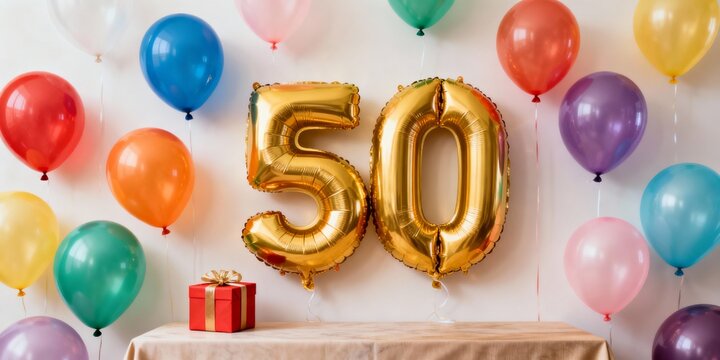 Colorful balloons and gift box celebrating 50th birthday