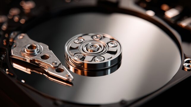 Stunning photo of closeup of a hard drive platter and readwrite head for data storage.