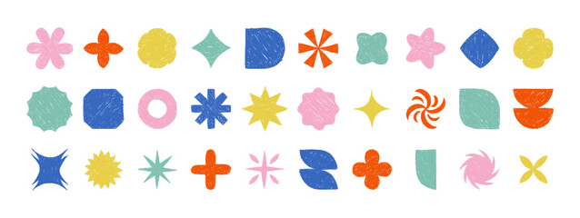 Hand drawn crayon grainy y2k geometric shapes set. Abstract grunge texture shapes. Vector  EPS 10