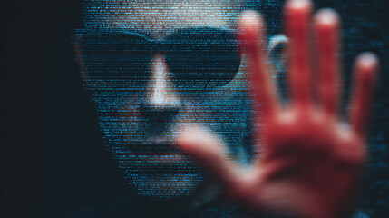 Digital security concept: A person wearing glasses with a data stream overlay, hand raised as if to stop a cyber attack.