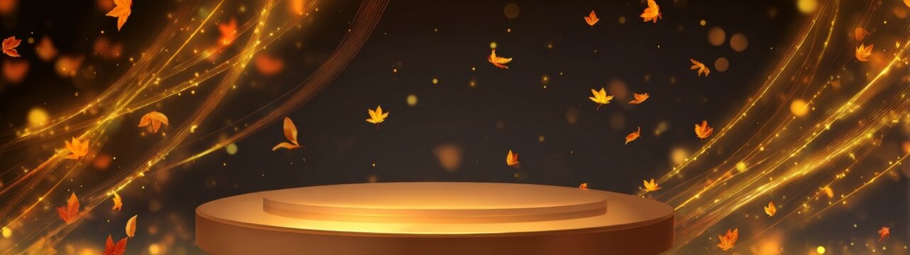 Minimalist fall ambiance: podium amidst a leafy symphony. Information beams. Terracotta brilliance: podium surrounded by leaves and light. Wireless signal. Digital signals.