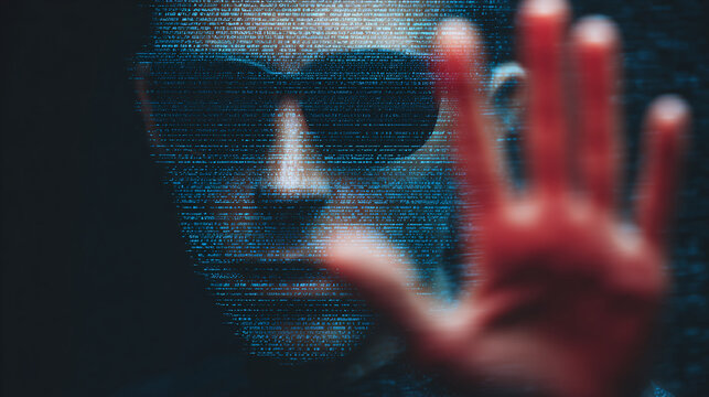 Digital security concept: A person wearing glasses with a data stream overlay, hand raised as if to stop a cyber attack.