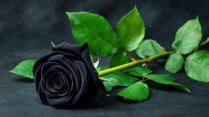 A dramatic black rose with vibrant green leaves is beautifully presented against a dark textured background creating an elegant and mysterious visual statement.
