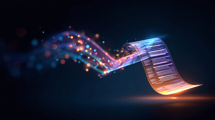 Data stream illuminates document, merging the physical and digital. Abstract tech art with light streaks over an informational scroll.