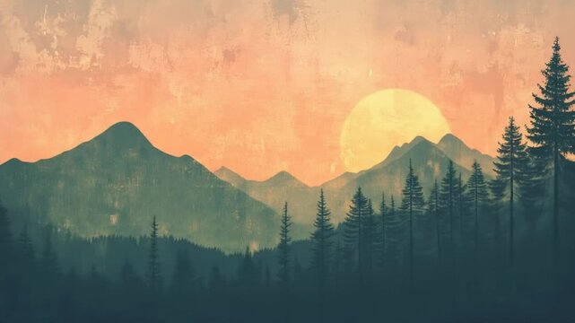Scenic mountain range silhouette under glowing sun