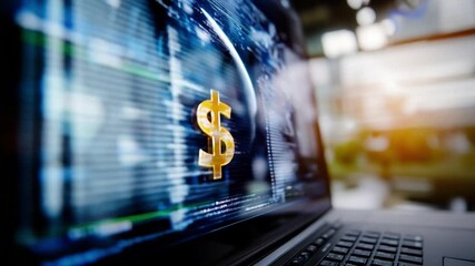 Digital Dollar: A close-up shot of a laptop screen featuring a prominent gold dollar sign, symbolizing financial markets, technology, and business. - Powered by Adobe