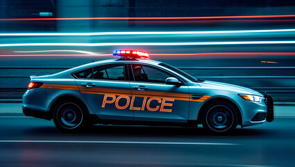 Police light mounted on the roof of a sleek police car with motion blur effects and light stripes radiating from the background, showcasing a sense of urgency and speed generative AI