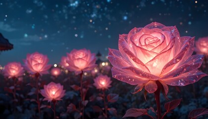 Roses made of transparent crystal illuminated from within, glowing softly under a starlit sky, magical romantic energy.