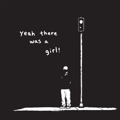 Lonely Figure Under Red Light Vector — Black and White Minimalist Illustration with Emotional Text and Urban Night Mood