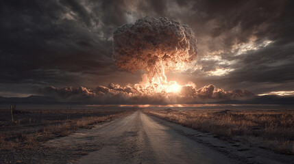 A massive cloud rises dramatically over a desolate landscape, illuminated by an intense burst, contrasting against a stormy sky and empty road.