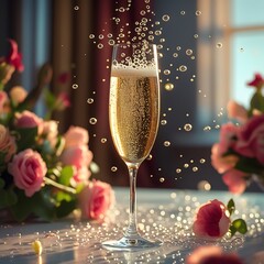 Celebratory Sparkling Wine Toast with Elegant Roses and Golden Bubbles