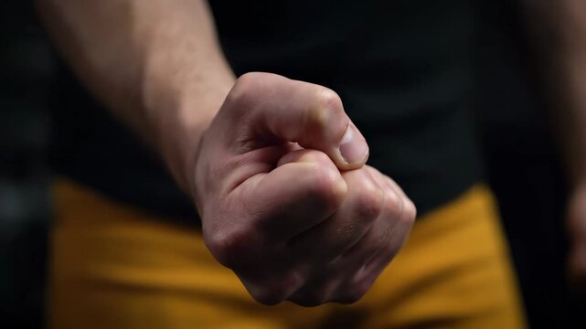 A man's hand is clenched into a fist as the man's hand stays tightly closed. The background shows a man wearing a black shirt as he holds his fist with focus.