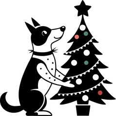 Dog decorating Christmas tree with lights , vector icon, black and white, white background