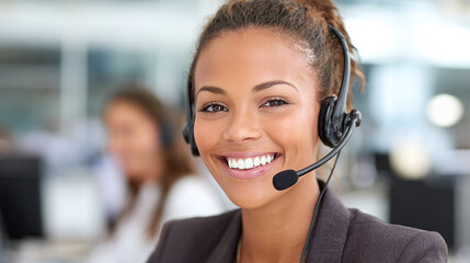 Smiling Customer Service: A friendly woman with a headset providing assistance, embodying excellent call center support.