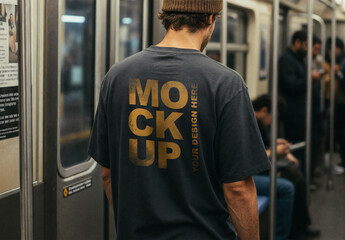 Man in Dark T-shirt Standing in Subway Train Interior