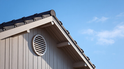 Exterior shot of gable end of a house with round vent and dark roof under a clear blue sky with wispy clouds in the upper right corner.