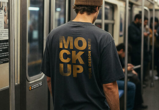 Man in Dark T-shirt Standing in Subway Train Interior