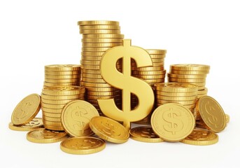Golden dollar sign surrounded by stacks of gold coins