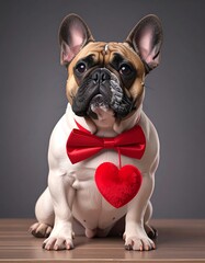 French Bulldog wearing a red bow tie and heart pendant, sitting on a table