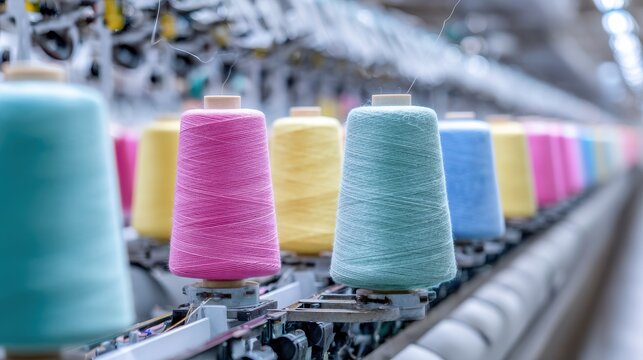 Stunning photo of colorful yarn spools on a textile machine in a garment factory setting. - Powered by Adobe