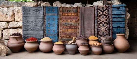 Colorful pottery and fresh fruits are arranged on tables in a lively market, highlighting local craftsmanship and culture