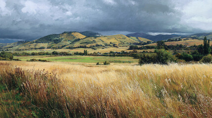 Fototapeta premium Golden grass leads to rolling hills and a stormy sky in this landscape painting, capturing the beauty of a rural countryside scene.