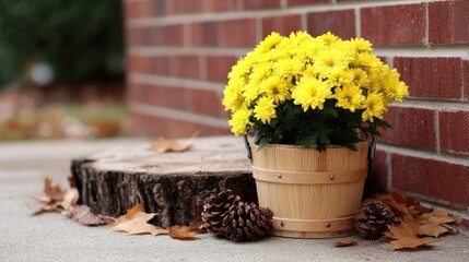 Bright flowers in a woven basket sit beside a small pumpkin on a wooden log, surrounded by vibrant green grass and fallen leaves