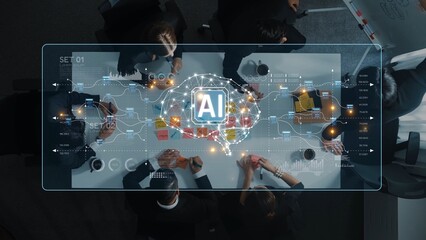 Aerial view of business professionals engaged in a meeting, collaborating on AI technology concepts, showcasing innovation and teamwork in a modern office environment. Raster