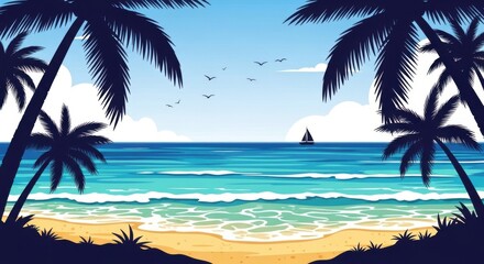 Obraz premium Tropical beach paradise with palm trees and ocean view