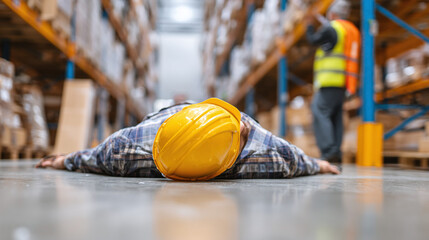 Warehouse Worker Injured: Safety violation in a distribution facility with hardhat lying on the floor near warehouse shelving.
