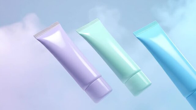 Cosmetic product tubes floating in pastel sky. Minimalist cream packaging mock up for beauty care advertising. Studio shot footage.